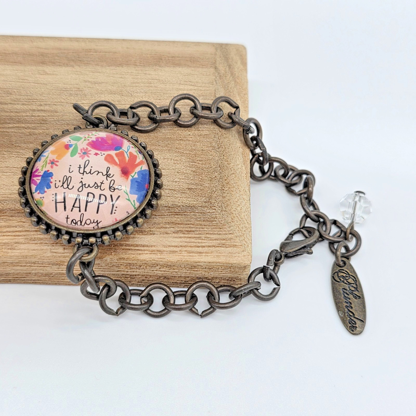 Plunder I Think I’ll Just Be Happy Today Floral Cabochon Bronze Bracelet 8”