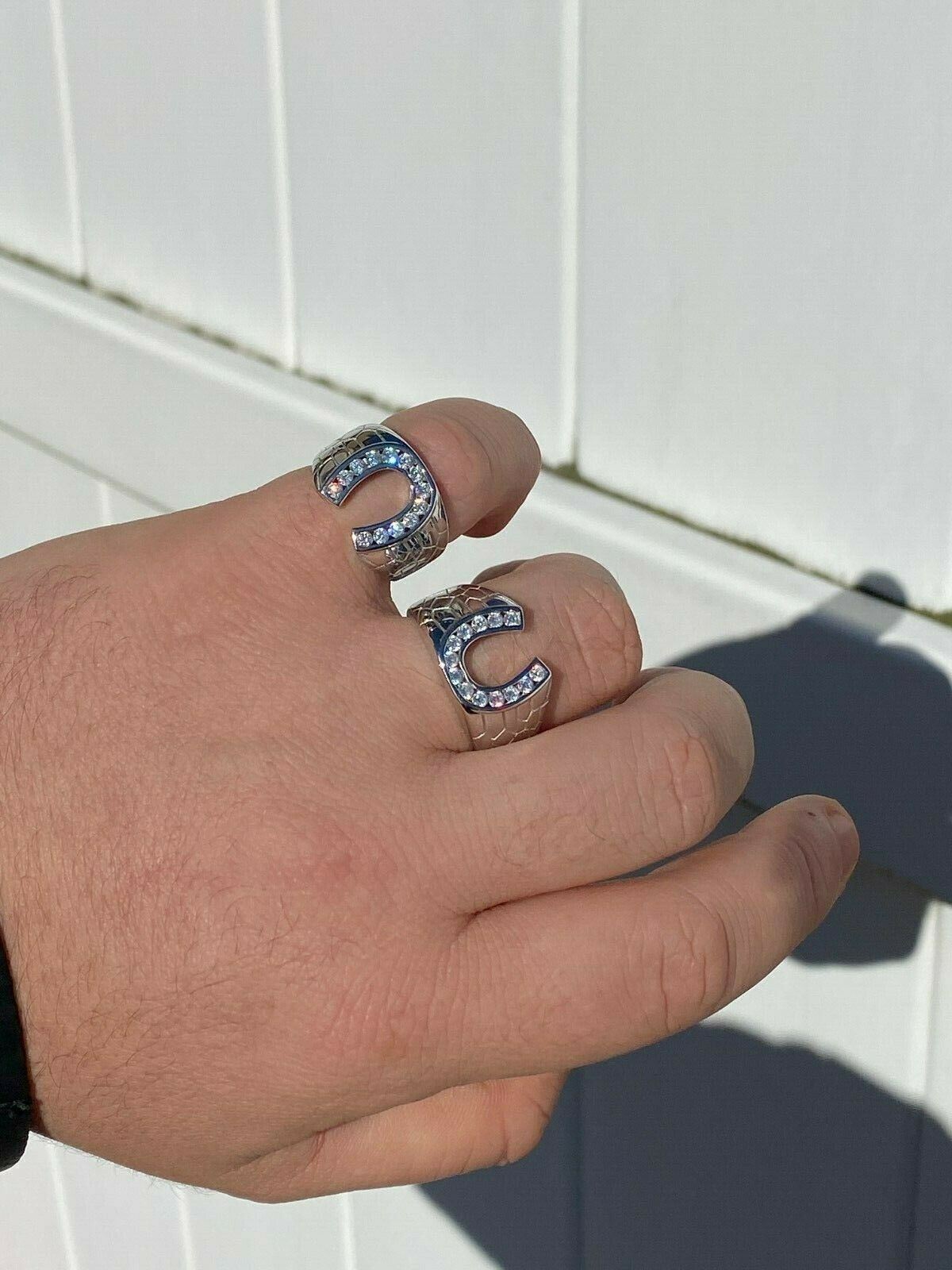 Men’s Real Solid 925 Sterling Silver Lucky Horseshoe Ring Iced CZ Hip Hip Pinky