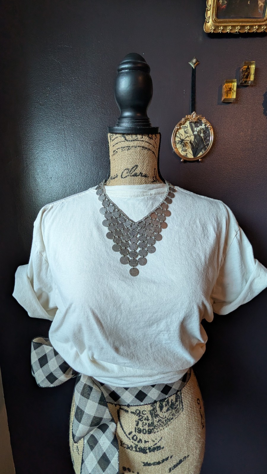 Silver Tone Bib Statement Necklace, Cable Chain Round Disc Charm, No Stone