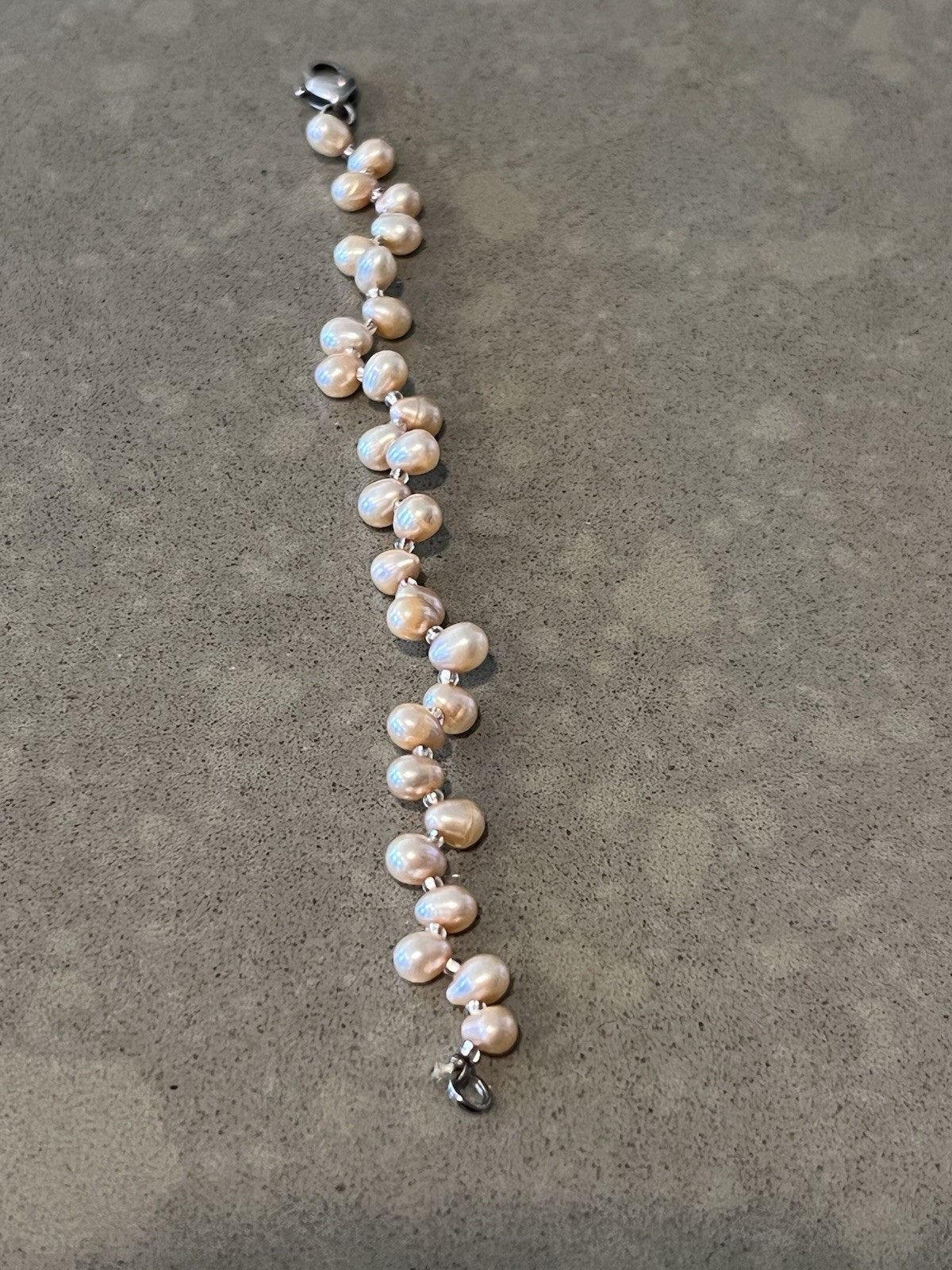 Freshwater Champagne Peach ￼Pearl Bracelet Sterling 925 Baroque 7.5” 8.6g Heart