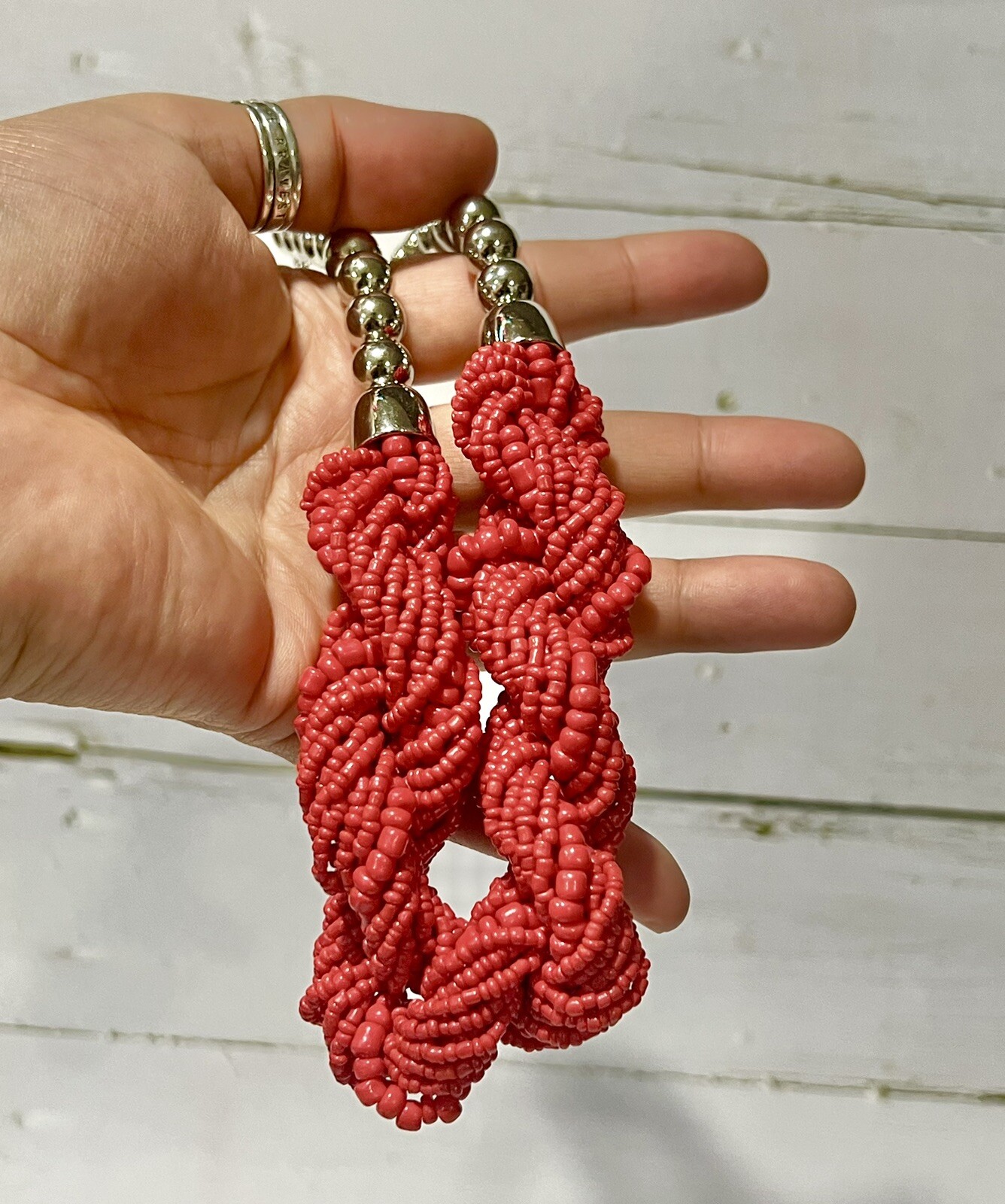 New Red Coral Seed Bead Twisted Necklace 16 inches W/ adjustable 3 Inch Extender