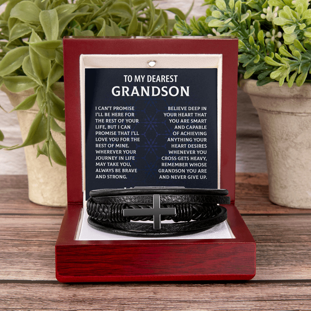 To My Dearest Grandson Cross Bracelet Christmas Birthday Graduation Gift for Men