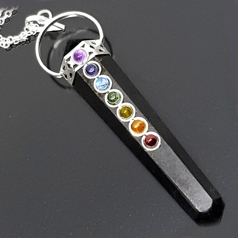 Black Tourmaline Crystal Double Point 7 Chakra Stone Pendant Necklace Reiki Heal