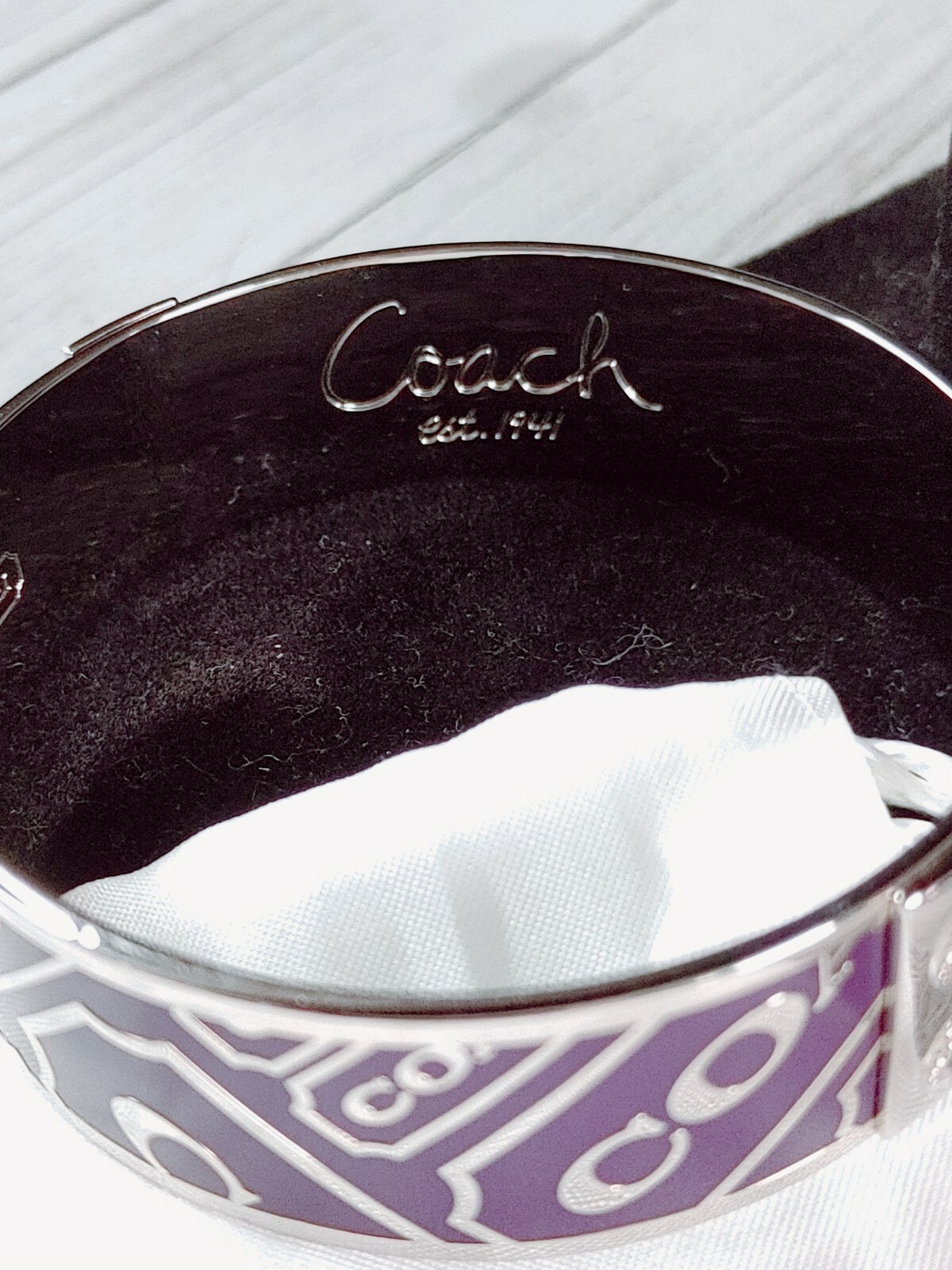 Coach Purple Silver Bangle Bracelet .75″ Lozenge with Bag Style 94119