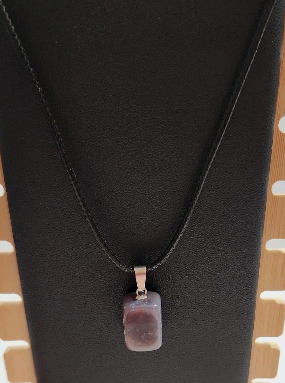Tumbled Stone Pendant Necklace, Faux Leather Cord, 16″ W/ 2″ Extender