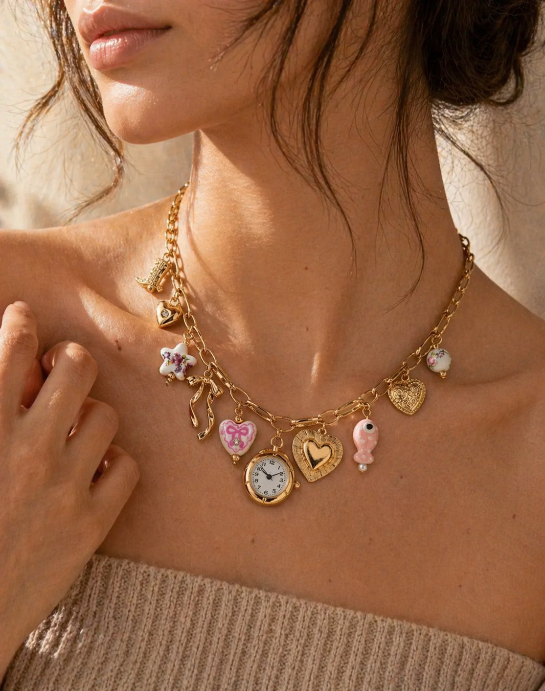 Pink Ceramic Gold Charm Necklace & Bracelet Set, Faux Watch Y2K Coquette Set
