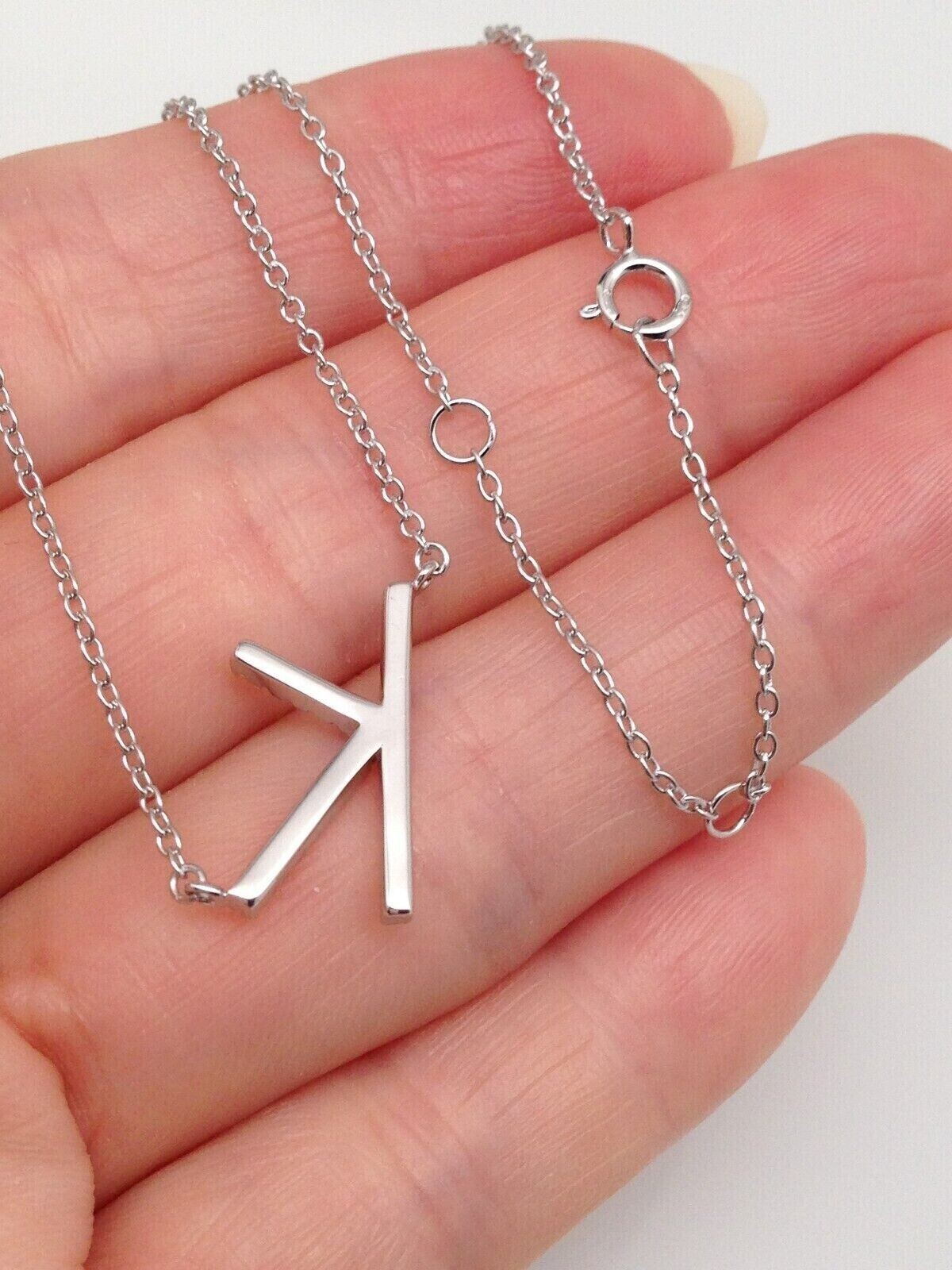 925 Sterling Silver CZ Sideways Initial Letter K Pendant Necklace Women 16mm
