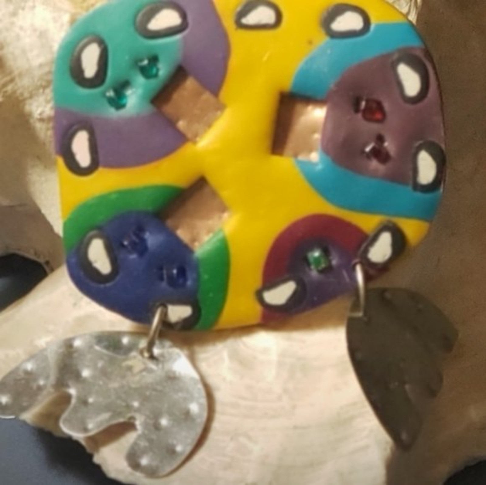 1990s Yellow blue and green decorated abstract irregular geometric shapes brooch