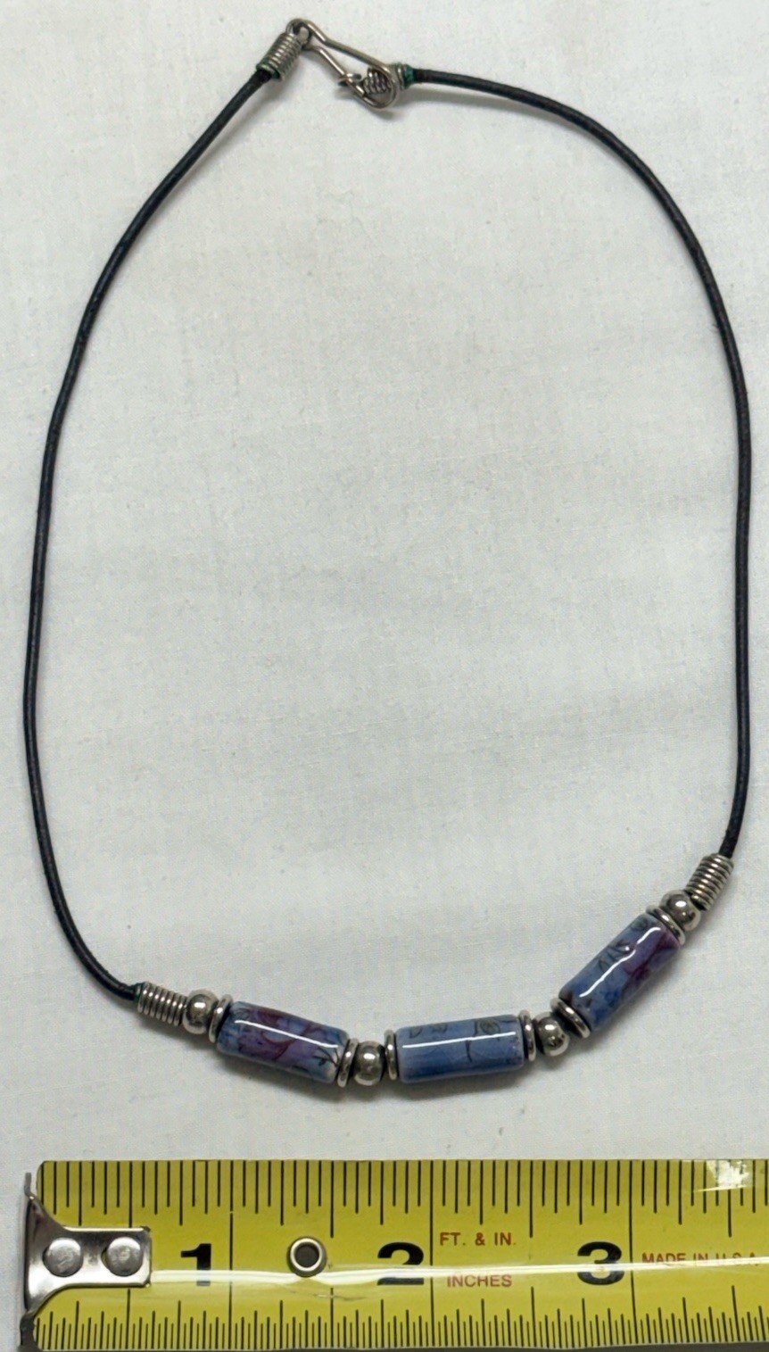 1980’s Ceramic Enamel Beads Silvertone Spacers Black Cord Neckalce