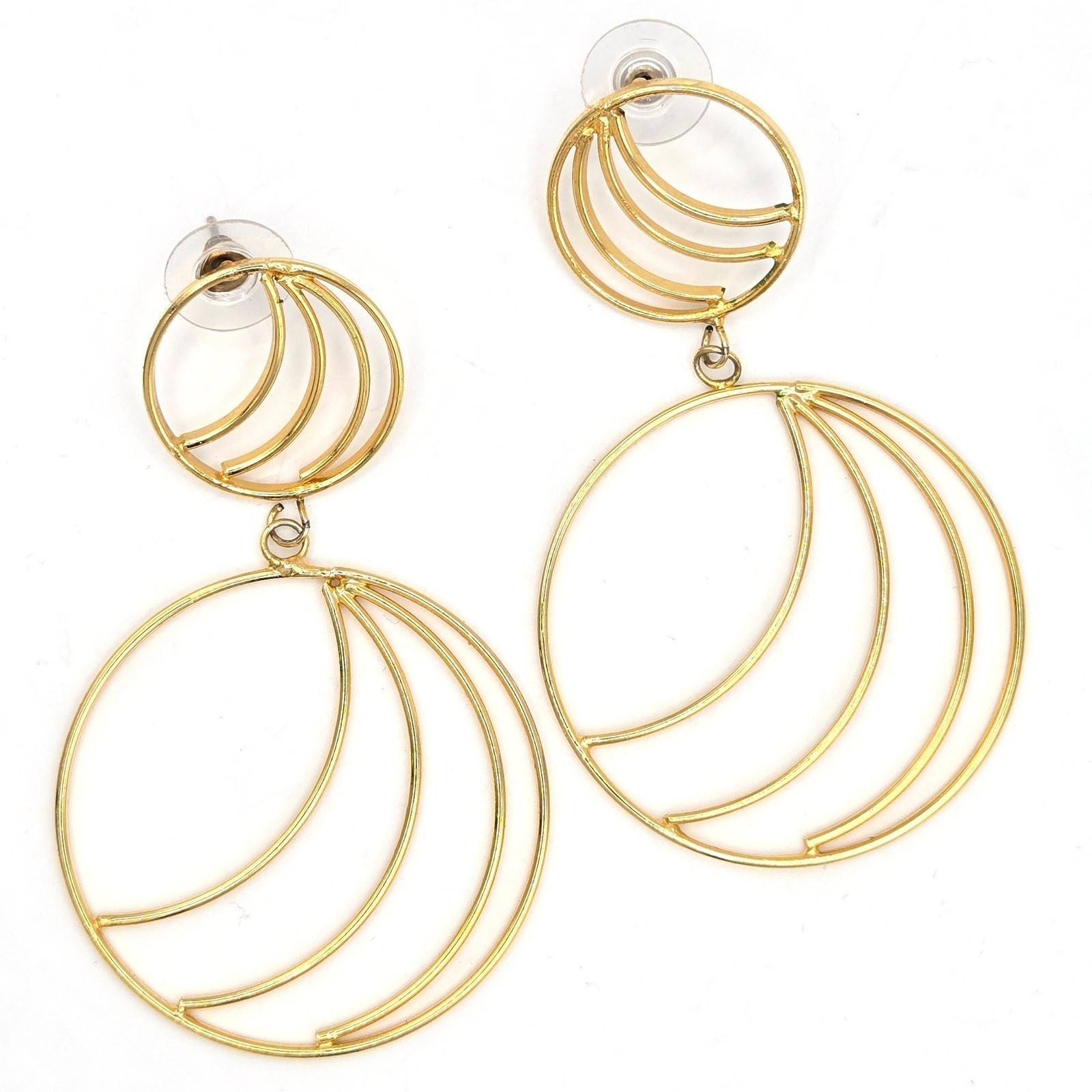 Gold Tone Multi Hoop Concentric Circle Drop Earrings Statement Geometric Post