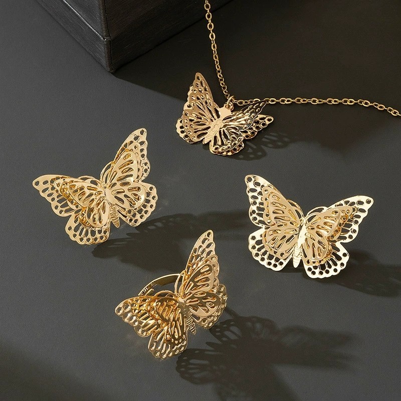 Elegant Gold-plated 3-pcs set Hollowed 3D Butterfly Necklace Earrings &Open Ring