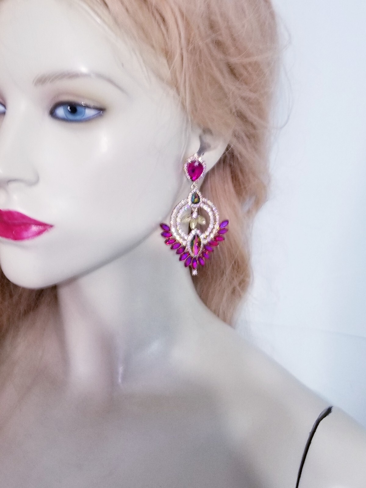 Drop Dangle Bridesmaid Chandelier Earrings 3.2 inch Pink Rhinestone Pageant Prom