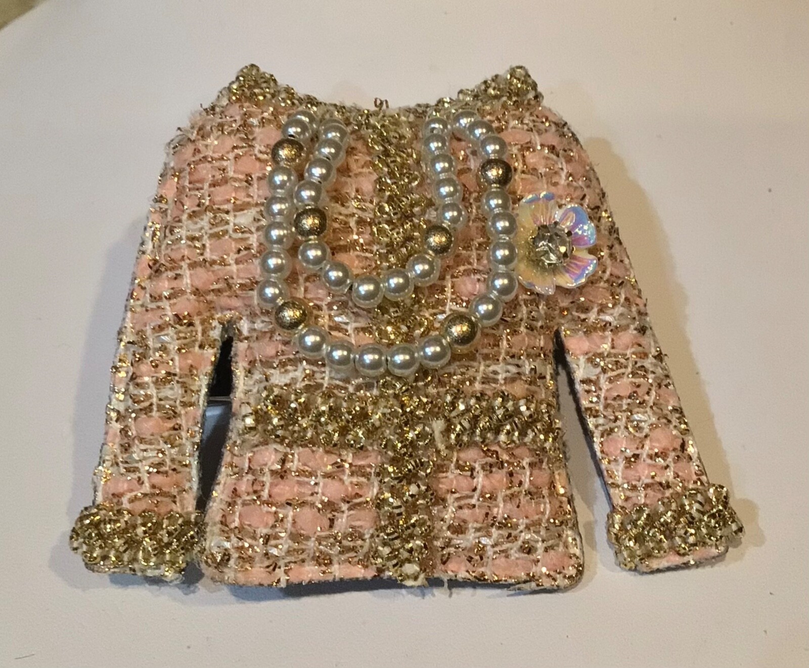 Peach Tweed Fabric Gold Accent Flower Faux Pearls JACKET Brooch Pin