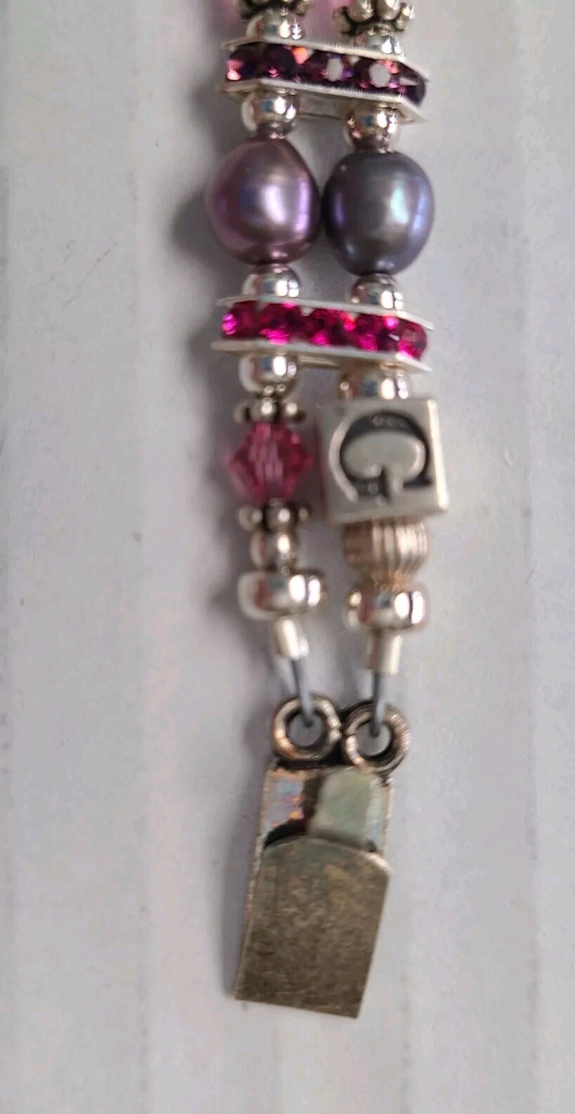 Pink Purple Amethyst Swarovski Crystal Silver Bracelet Stretch G Initial 6 in