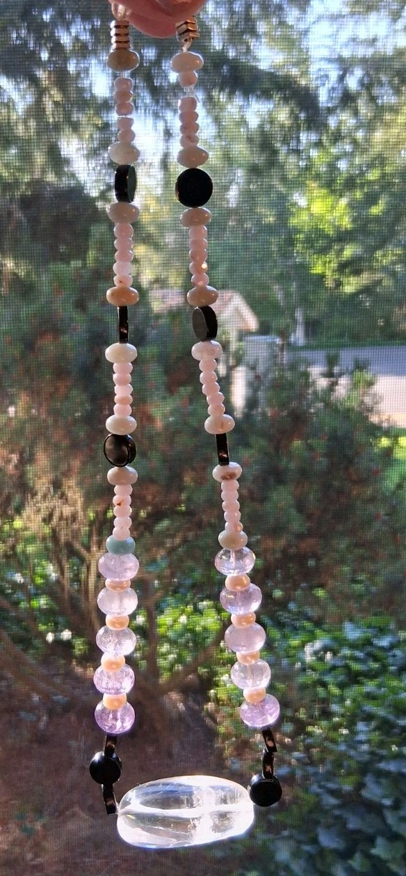 Rock Crystal Pendant, Amethyst, Peruvian Opal, Pearl, Artisan Gemstone Ncklc 18″