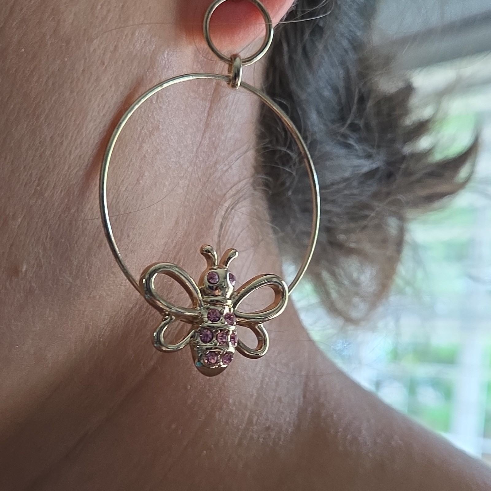 Gold Tone Hoop Dangle/Drop Earrings, Pink Rhinestone Butterfly, Nickel-Free