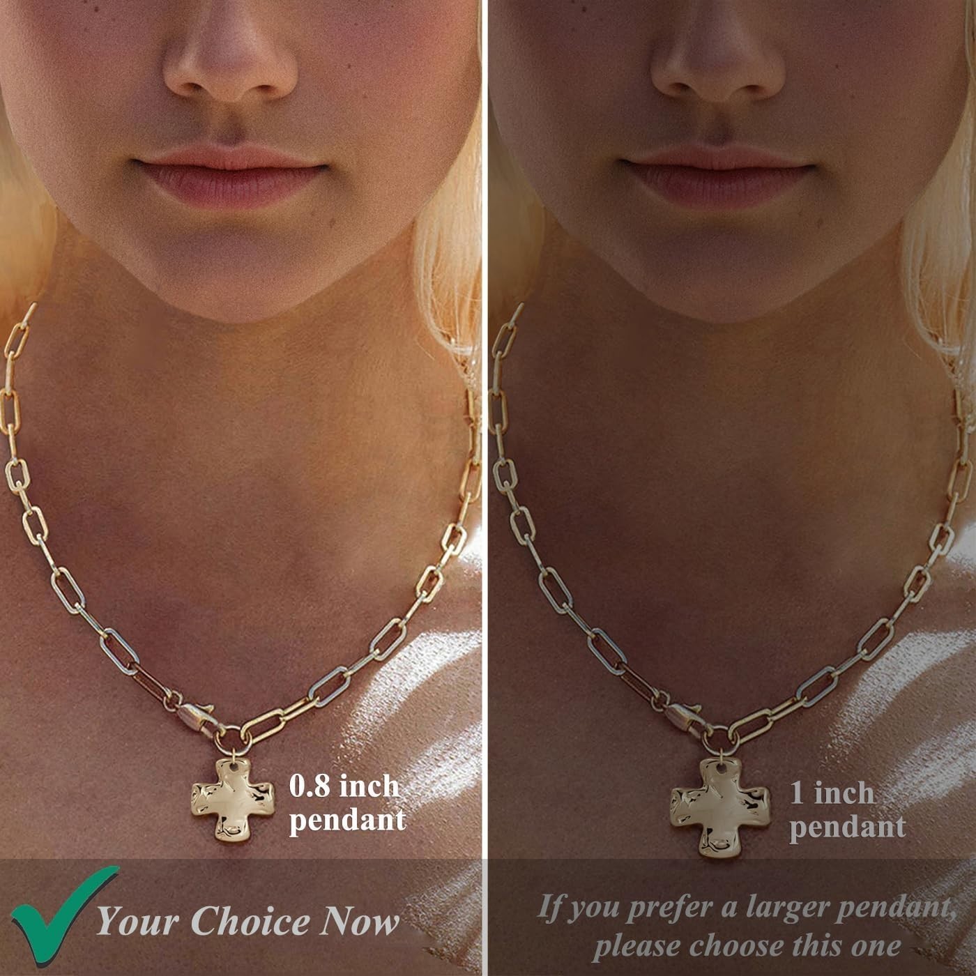 Statement 14K Gold Chunky Hammered Cross Pendant Necklace Trendy Paperclip Chain
