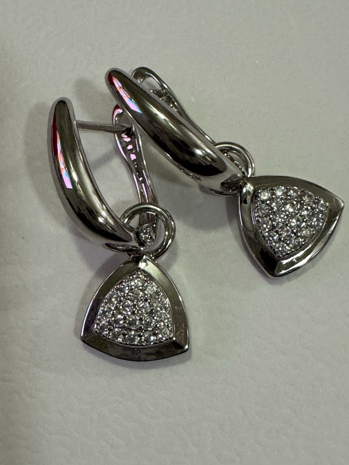 Silver-Tone Leverback Dangle Triangle Earrings w/ Pavé Crystal Stones