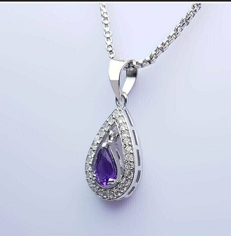 14K White Gold Plated In 2Ct Pear Cut Simulated Amethyst Women’s Charm Pendant