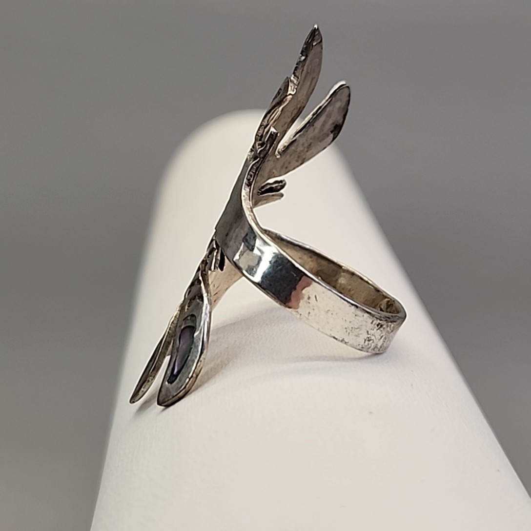 Mexican Abalone Ring 925 Sterling Silver Carved Taxco Chicken Feet Signed 7
