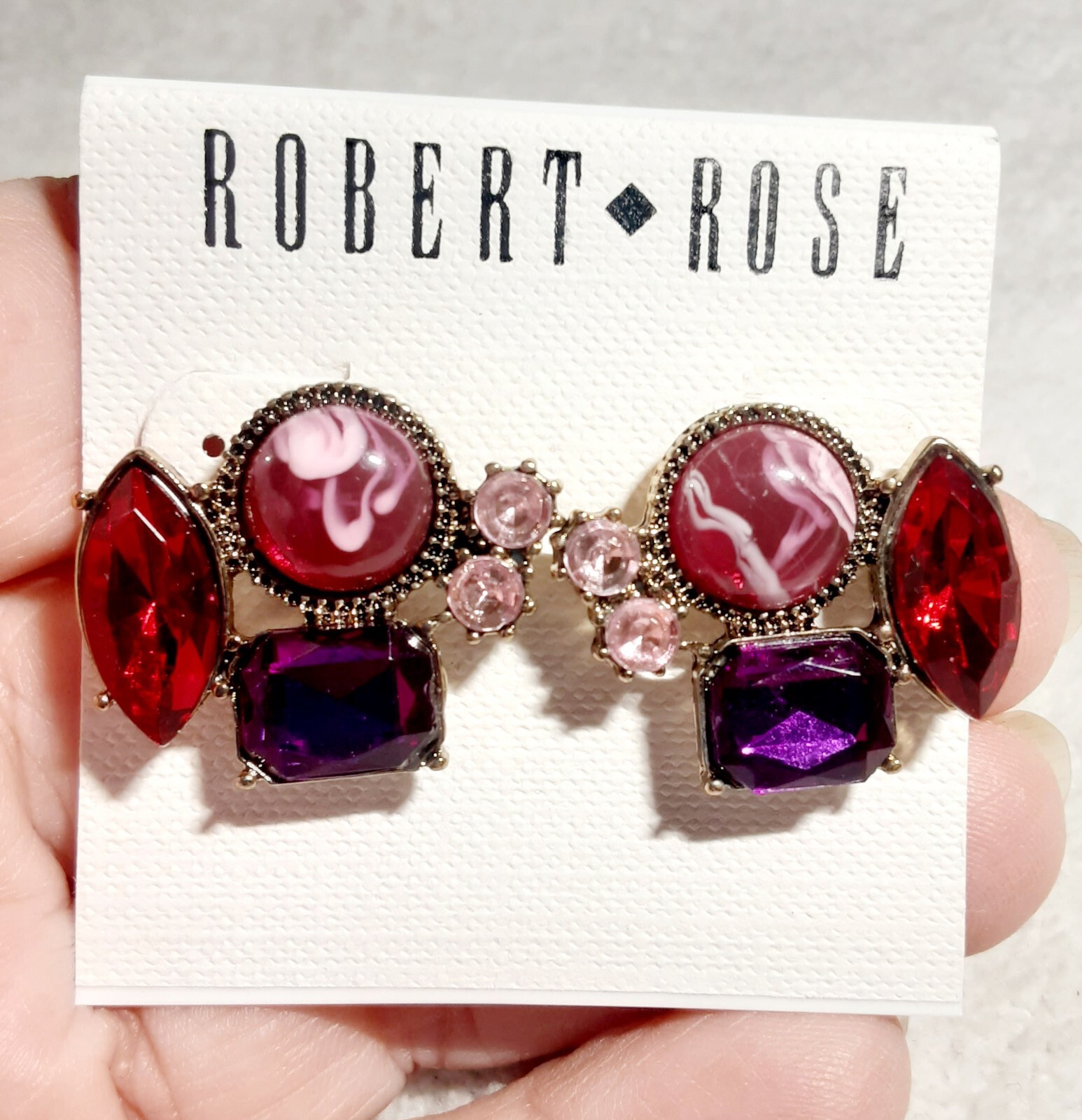Vintage NOS Robert Rose Multiple Rhinestone Earrings Gold Tone