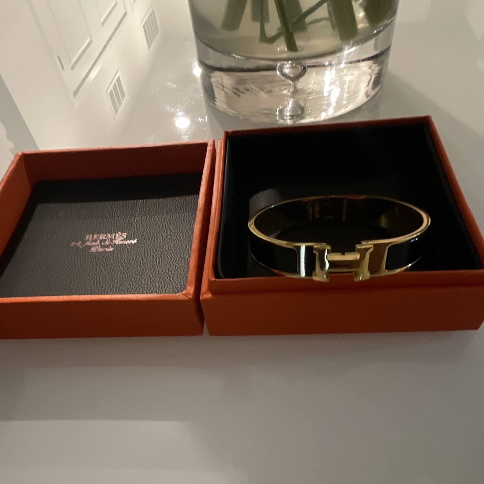 HERMÈS Gold Tone Black Enamel H Clic Clac Cuff Bangle Bracelet