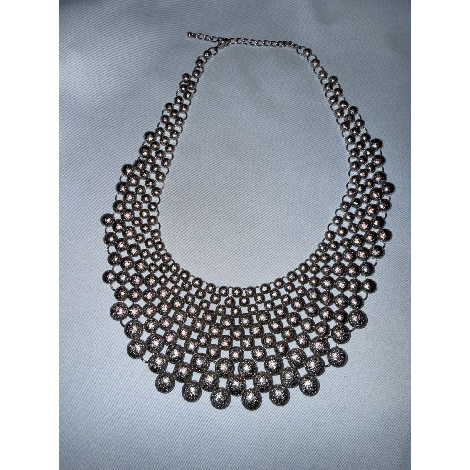 Silver Tone Multi Row Ball Bead Bib Necklace Statement Jewelry Textured Glam