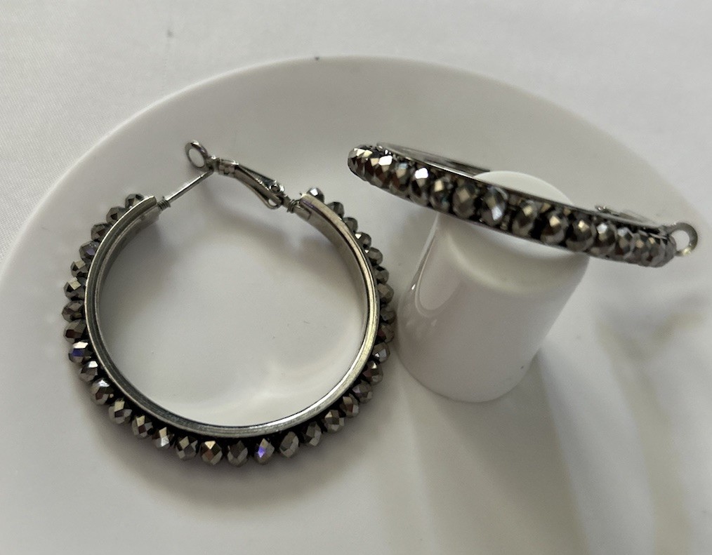 Silvertone Black Chinese Crystal Beaded Hoop Earrings