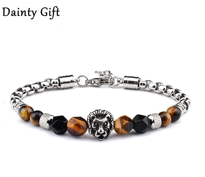 Men Women Tiger Eye stone Lion Head Energy Stainless Steel Bead Bracelet 7-8.5″