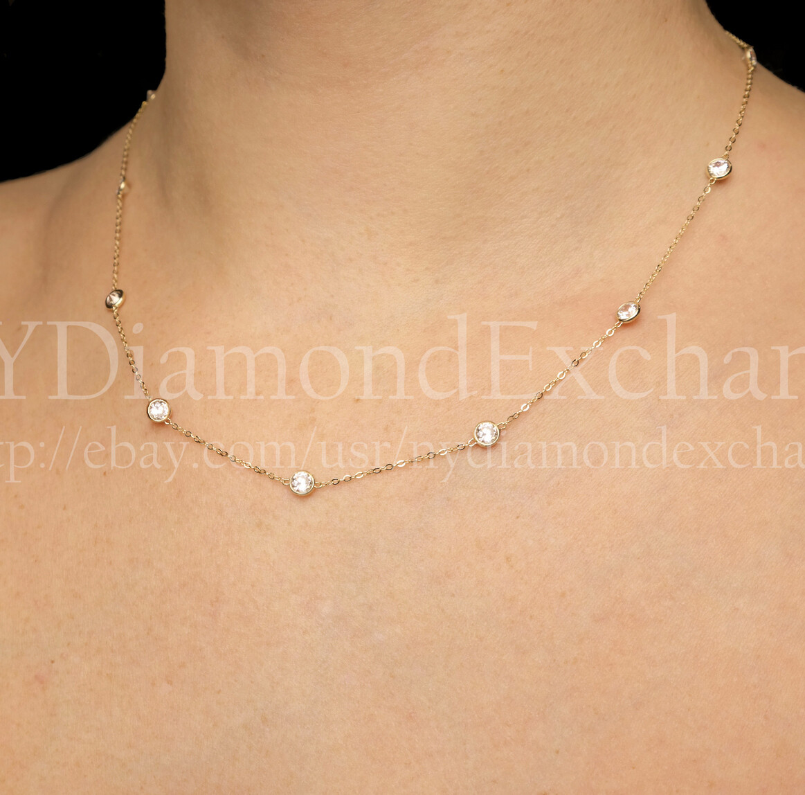 3CT Lab-Created Diamond By Yard Station Necklace 14k Yellow Gold Bezel Chain 16″