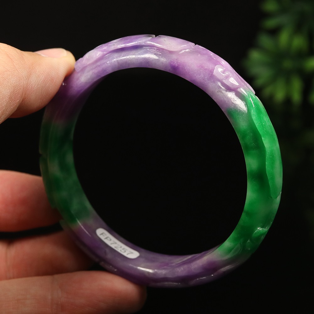 59mm Lavender Purple Green Jadeite Jade Bangle Bracelet Ruyi Rabbit A-14567