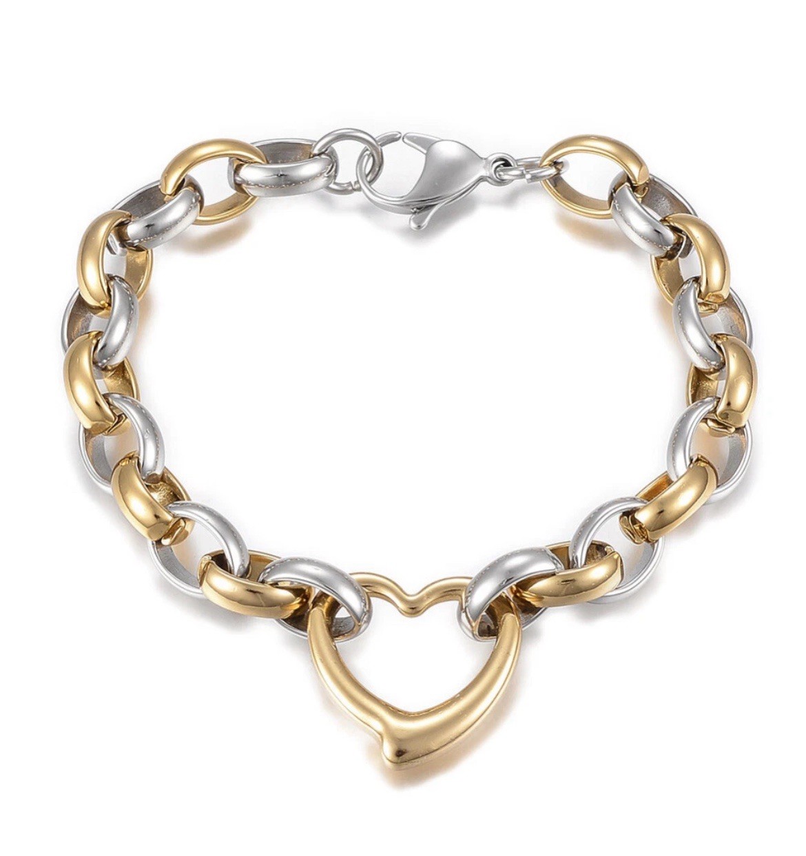 Stainless Steel Link Heart Bracelet Gold & Silver 8.6”