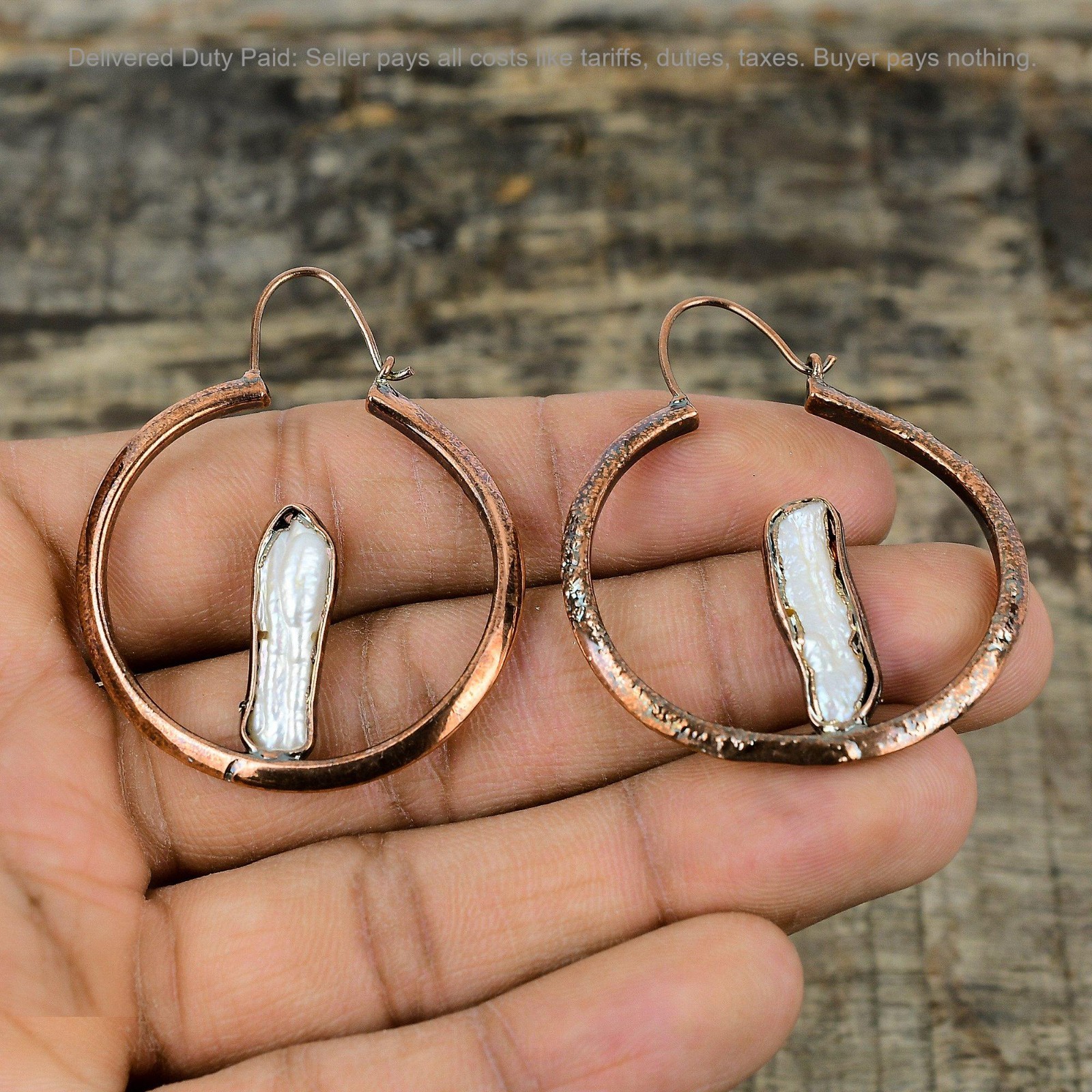 Biwa Pearl Gemstone Electroformed Boho Dangle Ethnic Handcrafted Earrings Copper