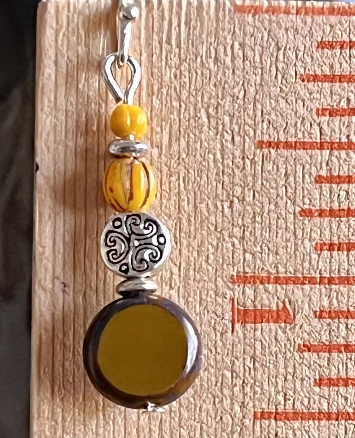 Etched Silver with Camel Brown and Golden Picasso Bead Earrings. Boho Chic