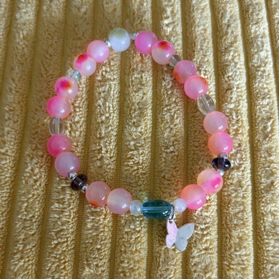 Pink, White & Blue glass Round Beaded Stretch Slip-On Bracelet with Dangle Charm