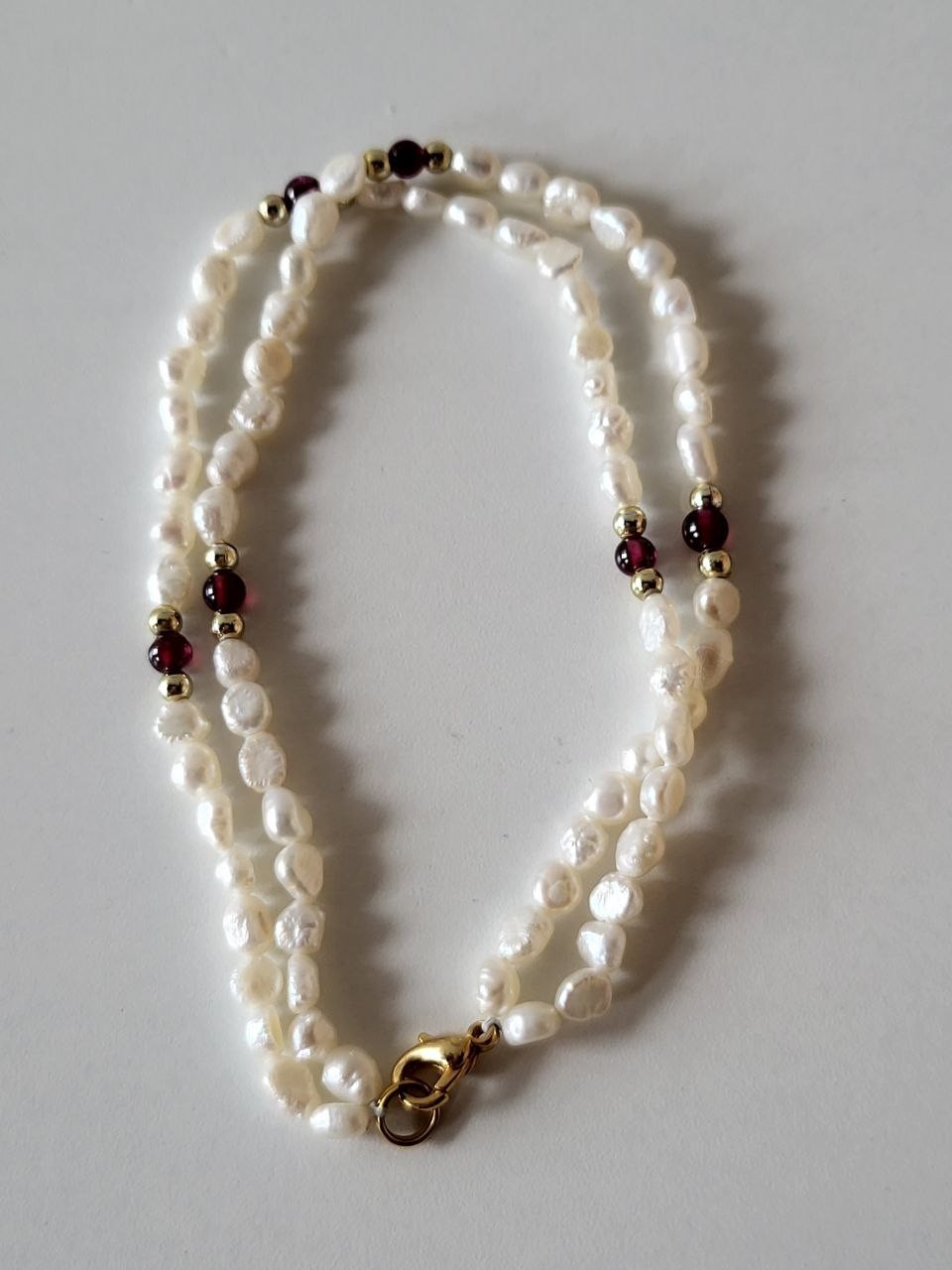 Pearl and Garnet Bead Double Strand Bracelet 8 in