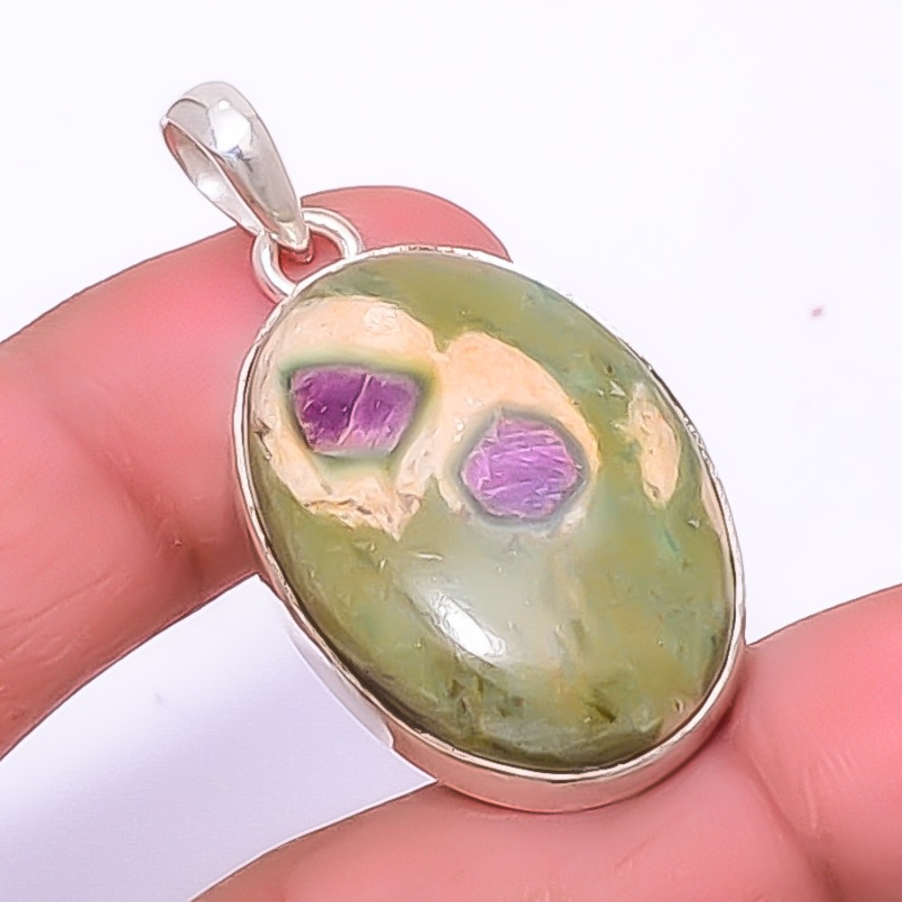 Ruby In Fuschite- India Gemstone (Lab-Created) 925 Silver Plated Pendant 1.68″