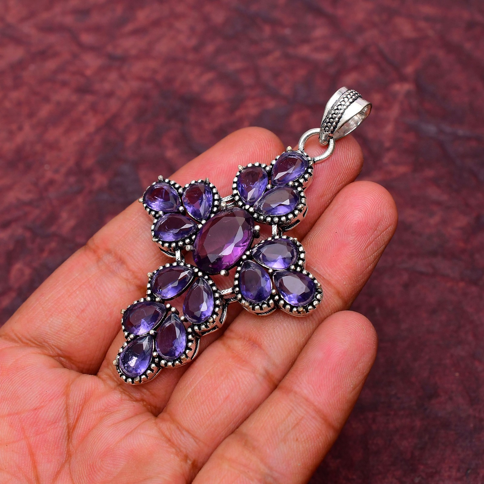 Amethyst Gemstone 925 sterling silver Handmade Cross Pendant jewelry 2.75″