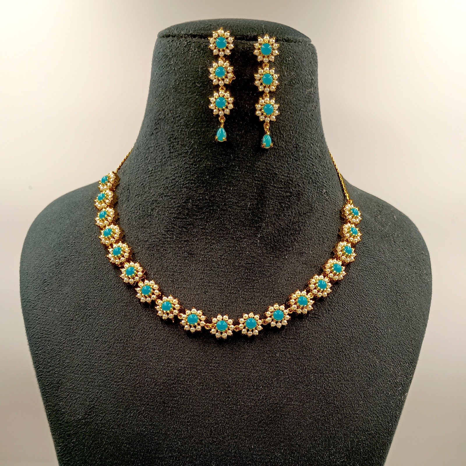 Bohemian Turquoise Pearl Necklace Set 22k Gold Plated Wedding Party Jewelry Gift