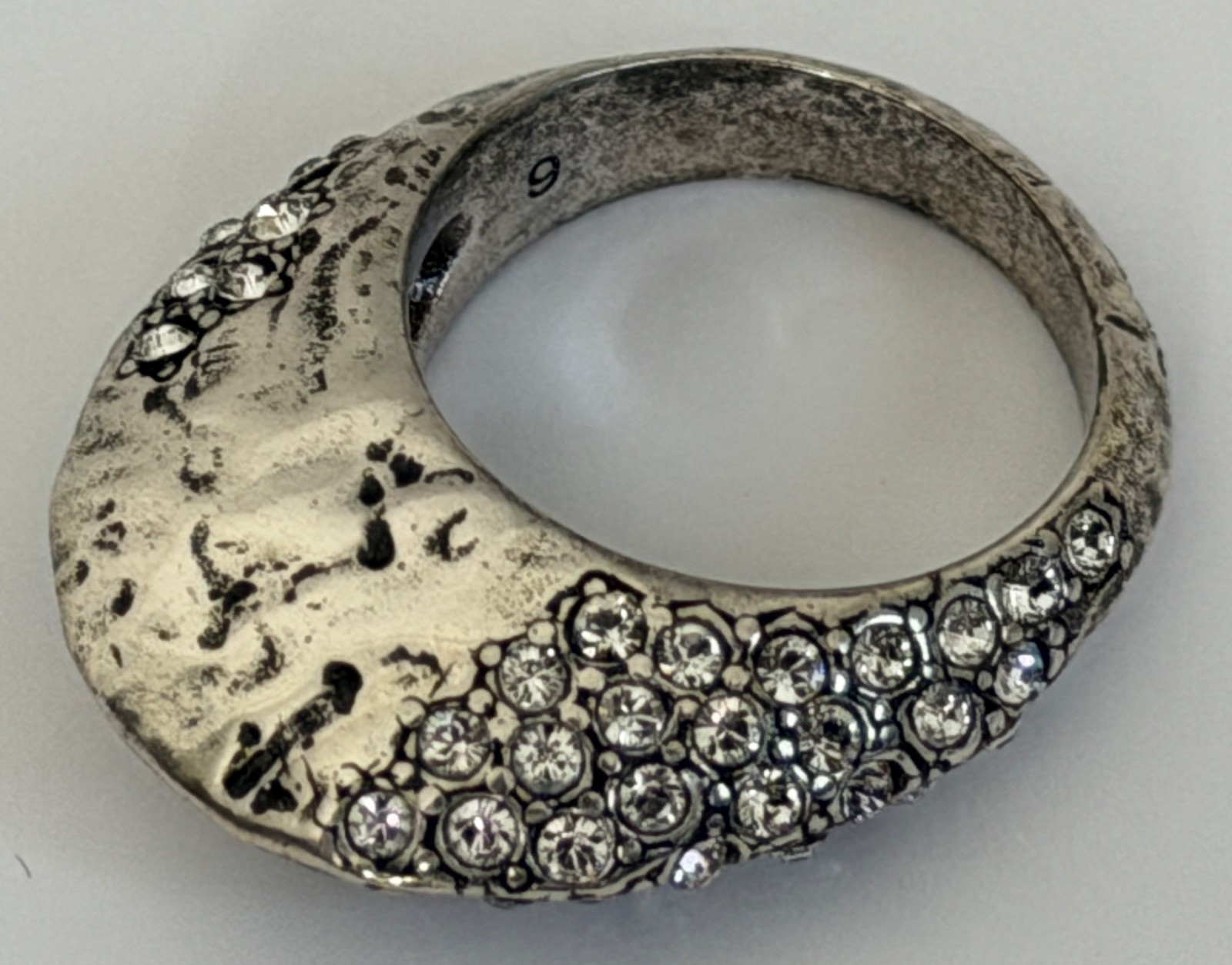 NWT Saint Laurent YSL Crystal Molten Bumpy Silver Brass 3D Dome Band Ring 6 $895