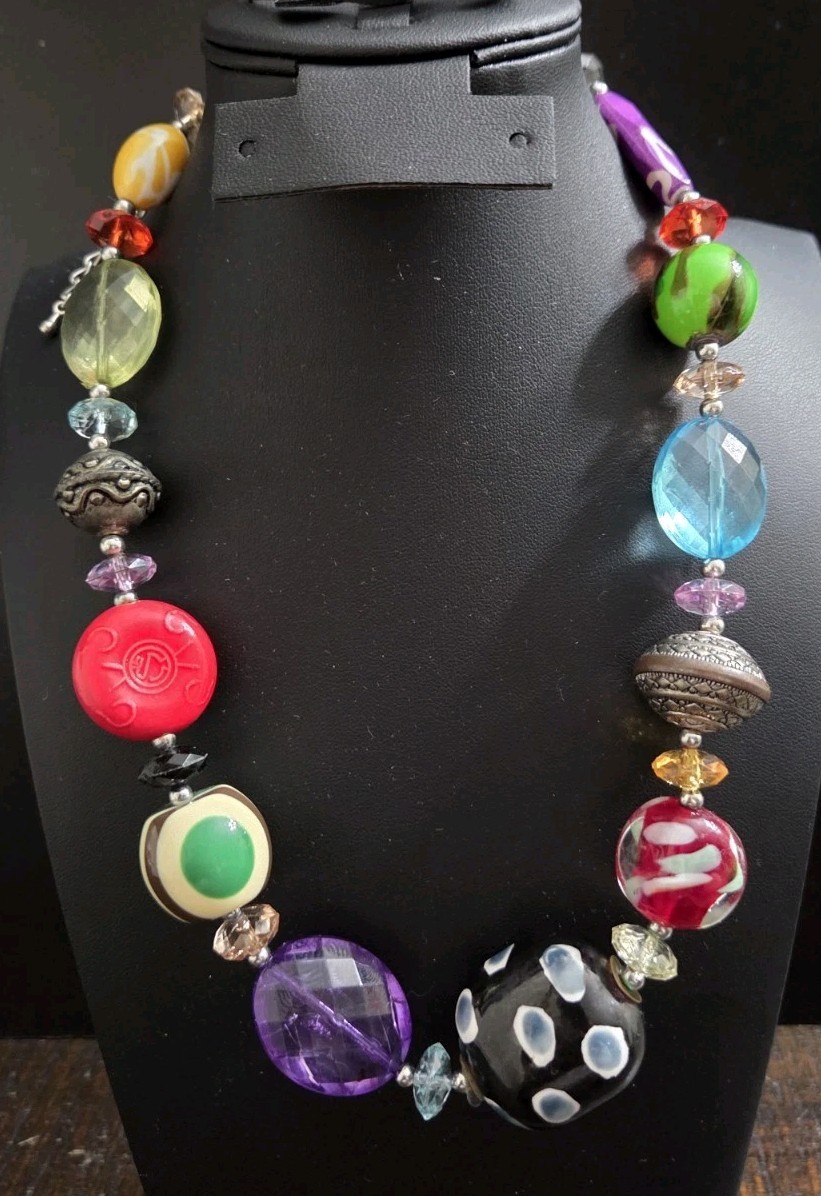 Art Glass Bead Necklace With Silver Tone Metal And Plastic Beads Colorful 19in+