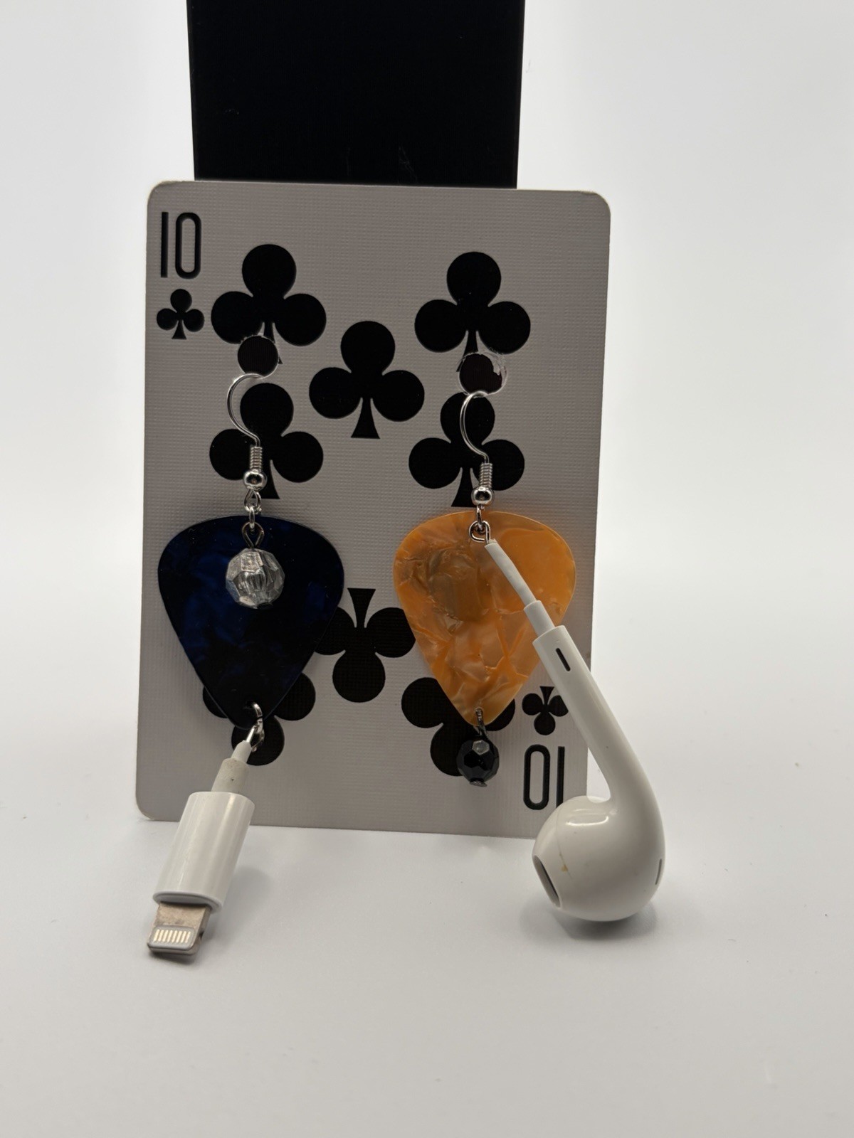 Guitar Pick Dangle Earrings w/ Earbud & USB Plug Charms, Plastic/Metal