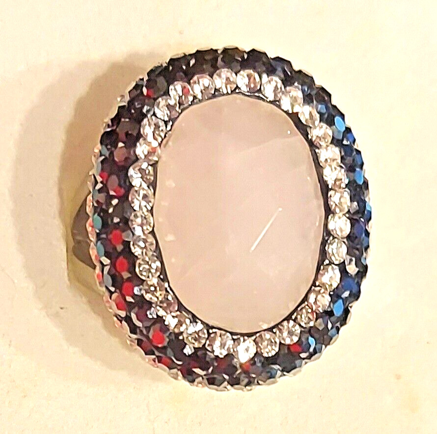 JCM Pink Rose Quartz Ring SZ 6 Malaysia Clear Black Rhinestone Aurora Borealis