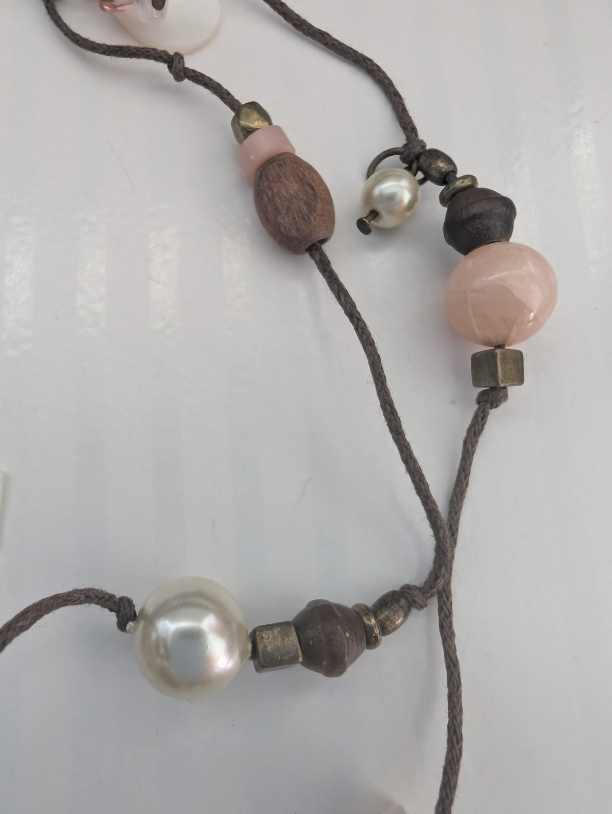Next Signed Floral Heart Faux Crystal Pearl Wood Beaded Tassel Pendant Necklace