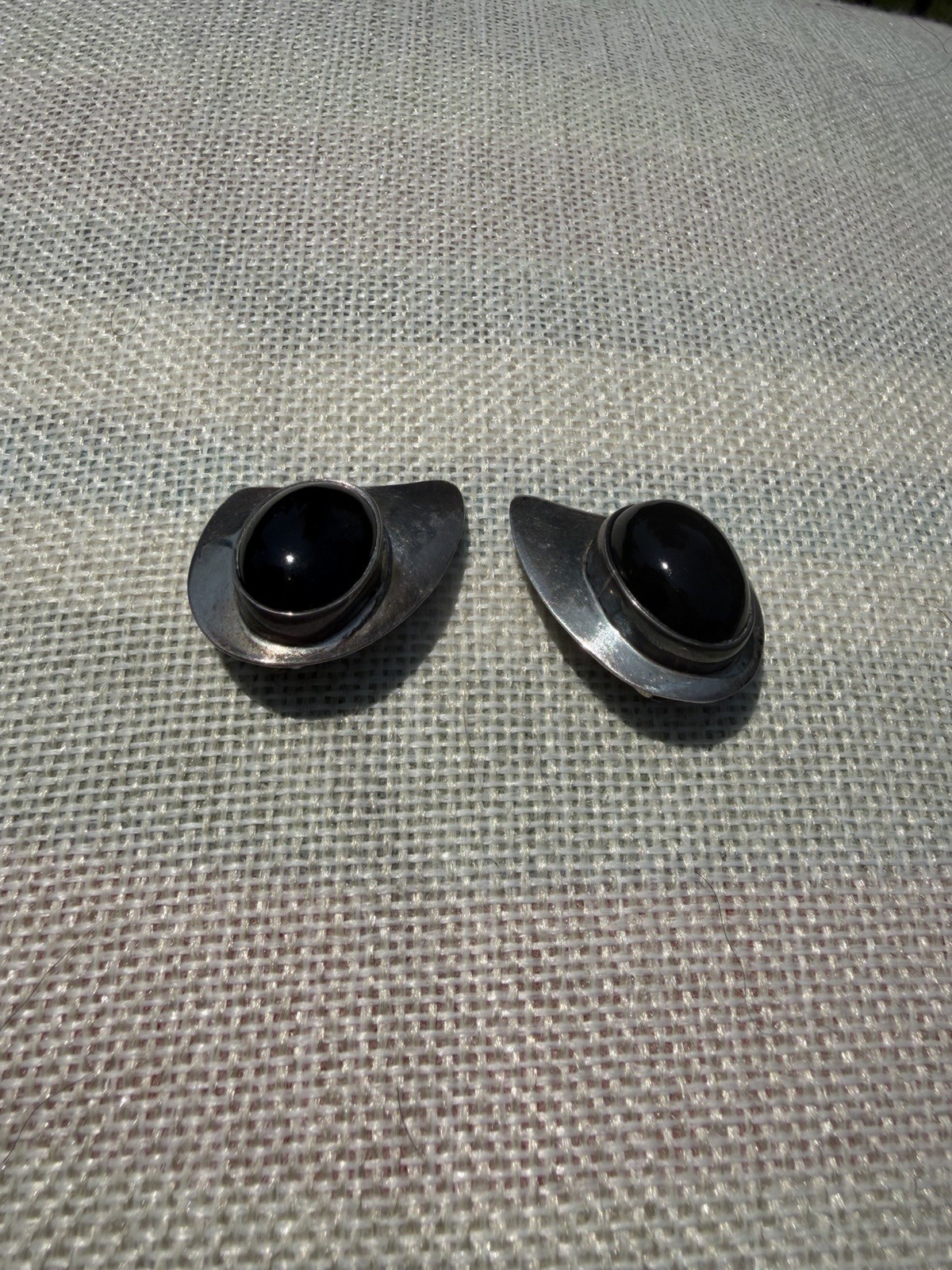 Vintage Taxco Mexico 925 Sterling Silver & Onyx Clip On Earrings 16.95 Grams