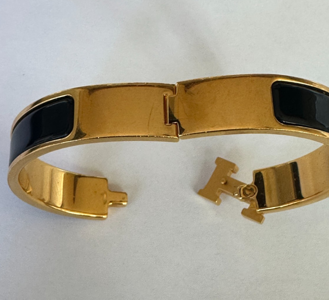 Hermès Clic Clac H PM Black Enamel Gold Plated Bangle Bracelet Made in France
