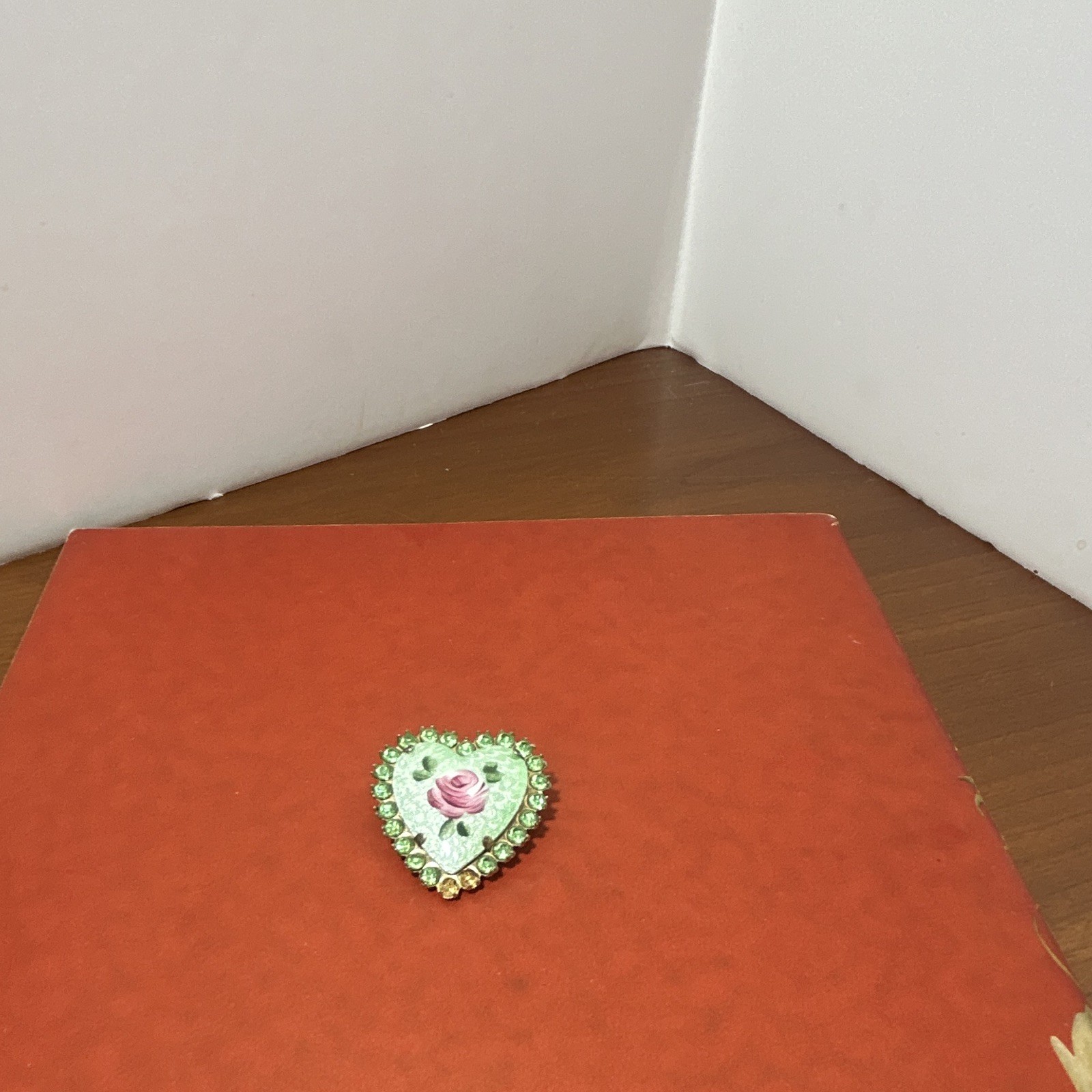 Heart Floral Enamel Brooch Pin, Gold Tone Metal, Green & Pink Flowers