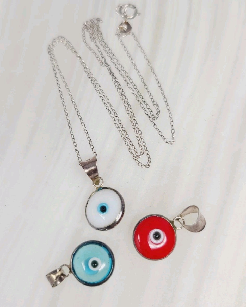 Sterling Silver Evil Eye Pendant Necklace PC Glass Eye / 925 BSI ITALY – 3 Pcs