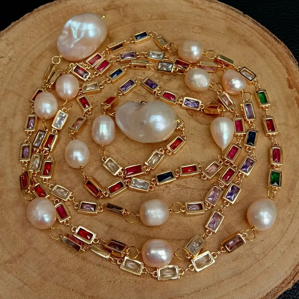 Cultured Pink Keshi Pearl Mixed Color Rectangle Cz Pave Long Chain Necklace 50″