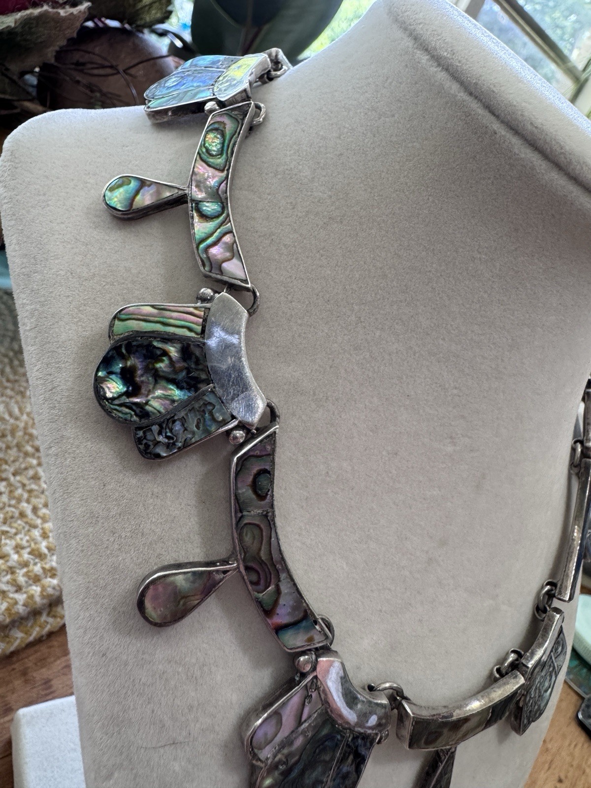Sterling Silver Abalone Shell Inlay Statement Choker Necklace, 61.2 g
